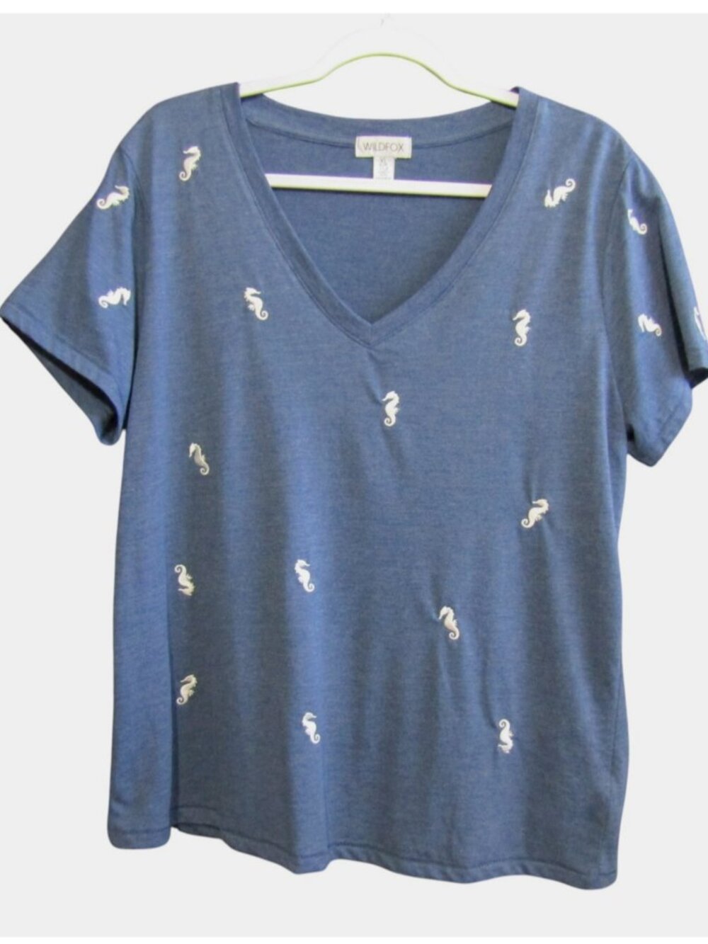 Wildfox Womens XL V Neck T Shirt Blue Seahorse Embroidered Coastal Beach